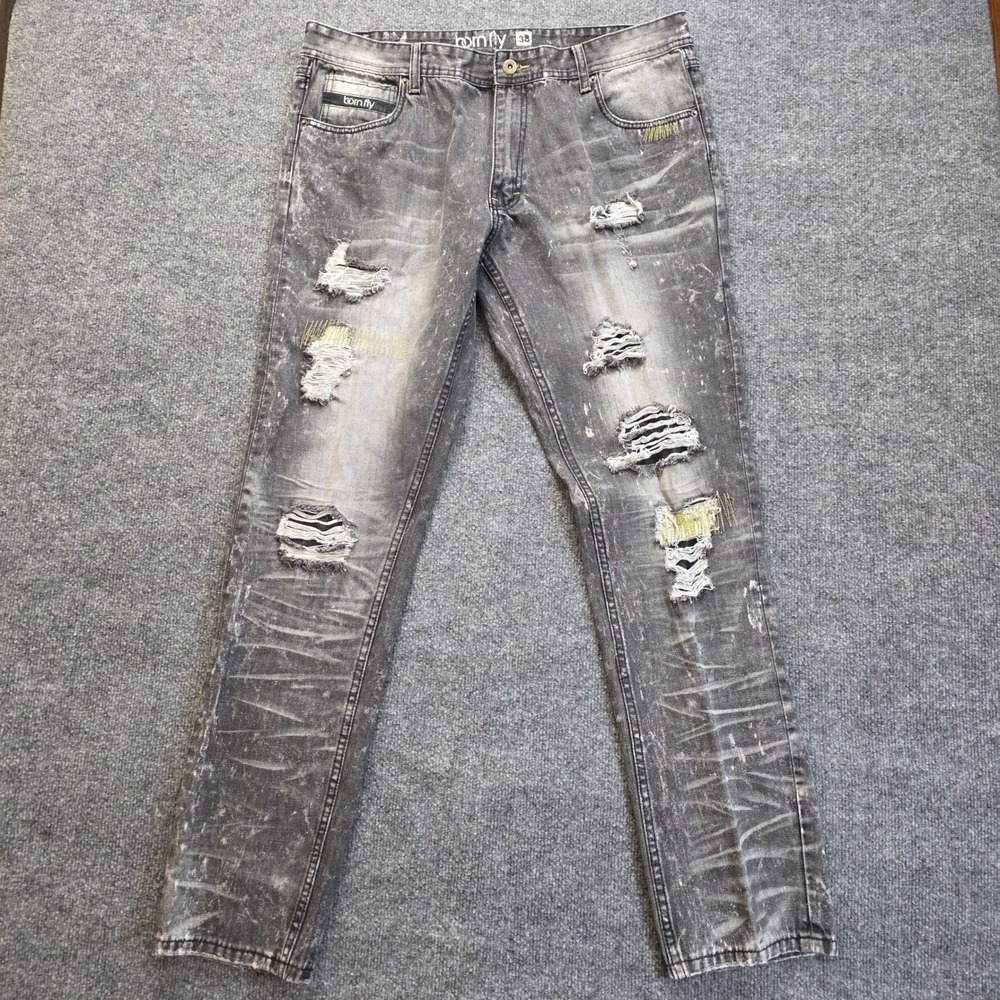 Born Fly Jeans 38X32 Black Slim‎ Denim Acid Wash Distressed Ripped Grunge Skater